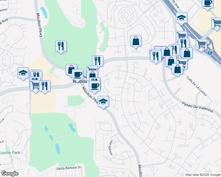 map of restaurants, bars, coffee shops, grocery stores, and more near 271 Avenida Sevilla in Laguna Woods