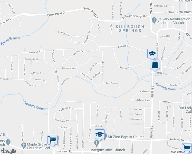 map of restaurants, bars, coffee shops, grocery stores, and more near 204 Cathy Lane in Birmingham