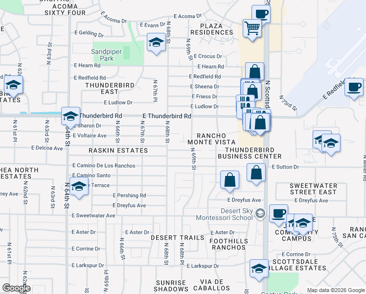 map of restaurants, bars, coffee shops, grocery stores, and more near 6822 East Presidio Road in Scottsdale