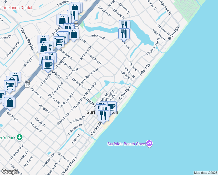 map of restaurants, bars, coffee shops, grocery stores, and more near 214 N Oak Dr in Surfside Beach