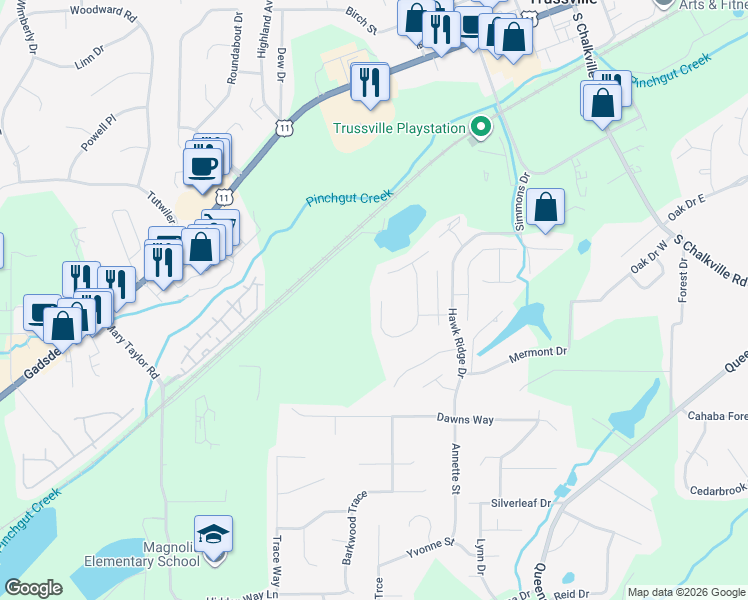map of restaurants, bars, coffee shops, grocery stores, and more near 3527 Harrier Road in Trussville