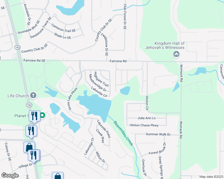 map of restaurants, bars, coffee shops, grocery stores, and more near 635 Lakeside Circle in Covington