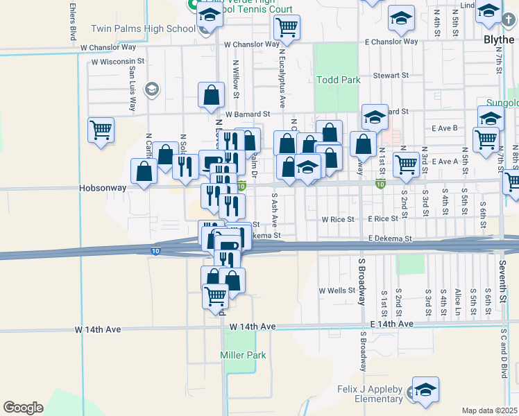 map of restaurants, bars, coffee shops, grocery stores, and more near 152 South Palm Drive in Blythe