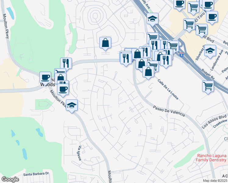 map of restaurants, bars, coffee shops, grocery stores, and more near 15 Via Castilla in Laguna Woods