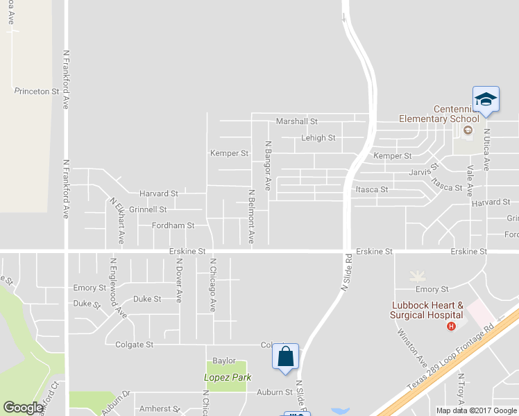 map of restaurants, bars, coffee shops, grocery stores, and more near 7624 Grinnell Street in Lubbock
