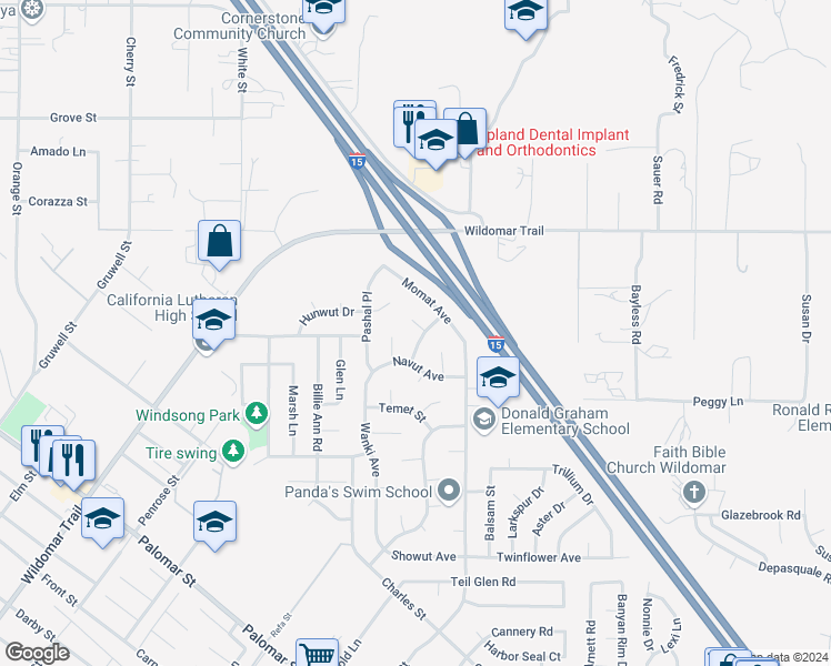 map of restaurants, bars, coffee shops, grocery stores, and more near 22915 Kuna Court in Wildomar
