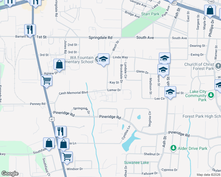 map of restaurants, bars, coffee shops, grocery stores, and more near 556 Lamar Drive in Forest Park