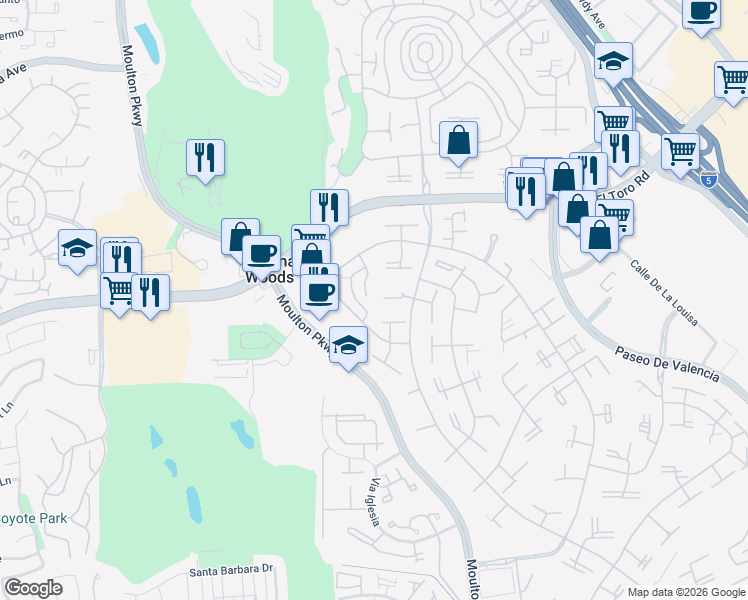 map of restaurants, bars, coffee shops, grocery stores, and more near 271 Avenida Sevilla in Laguna Woods