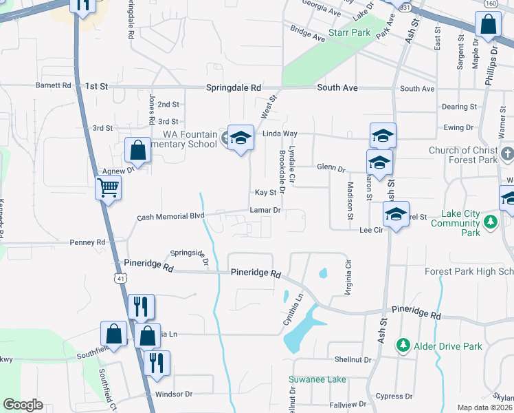 map of restaurants, bars, coffee shops, grocery stores, and more near 556 Lamar Drive in Forest Park