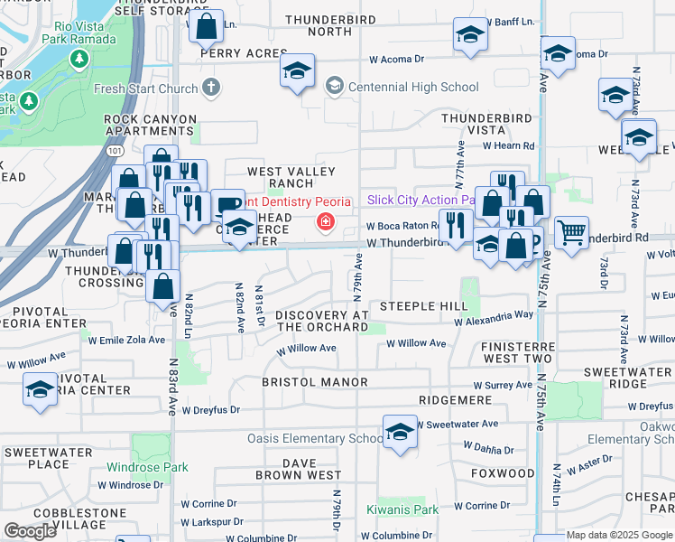 map of restaurants, bars, coffee shops, grocery stores, and more near 13651 North 79th Lane in Peoria