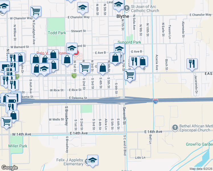 map of restaurants, bars, coffee shops, grocery stores, and more near 175 South 5th Street in Blythe