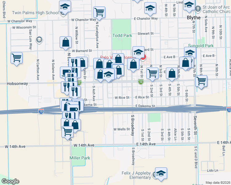 map of restaurants, bars, coffee shops, grocery stores, and more near 150 South Main Street in Blythe