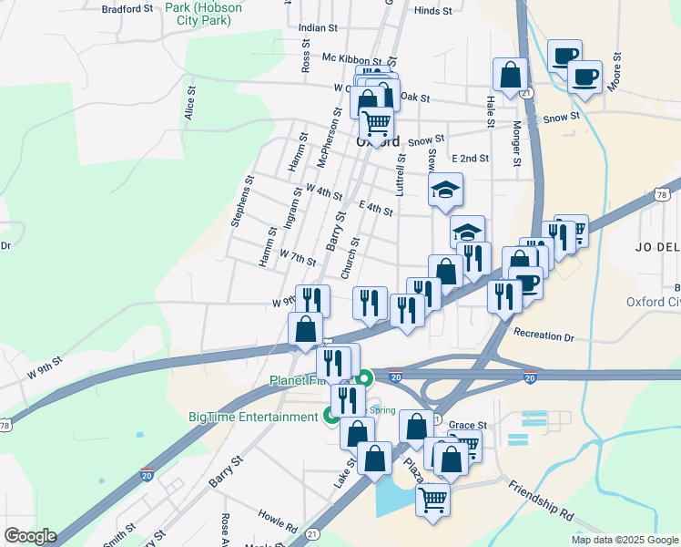 map of restaurants, bars, coffee shops, grocery stores, and more near 1200 Church Street in Oxford