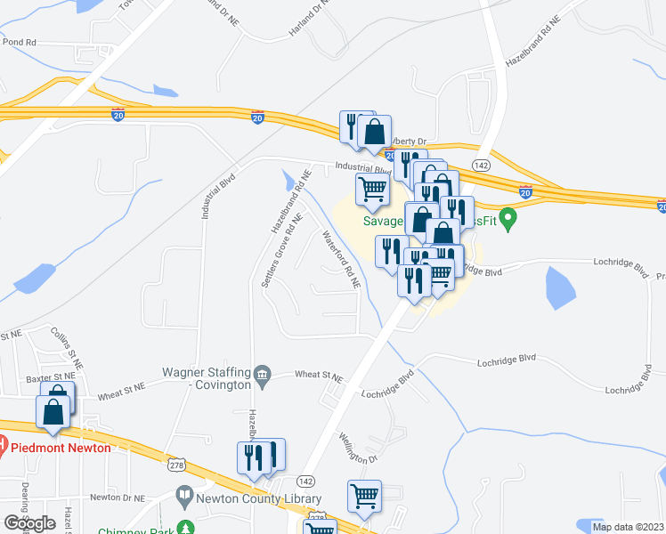 map of restaurants, bars, coffee shops, grocery stores, and more near 10129 Straphinge Trail in Covington