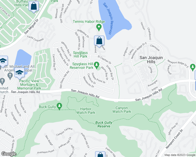 map of restaurants, bars, coffee shops, grocery stores, and more near 1 Muir Beach Circle in Newport Beach