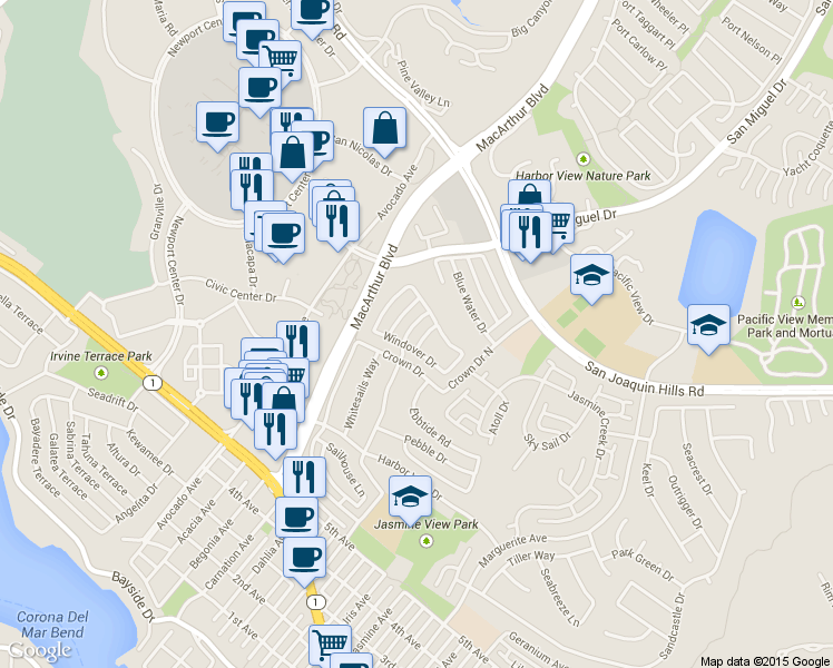 map of restaurants, bars, coffee shops, grocery stores, and more near 1211 Starboard Way in Newport Beach