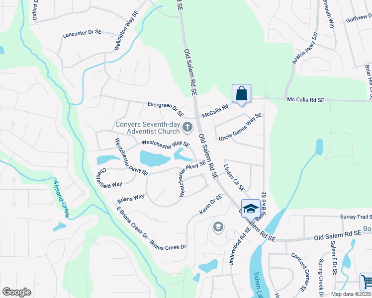 map of restaurants, bars, coffee shops, grocery stores, and more near 2505 Westchester Way Southeast in Conyers