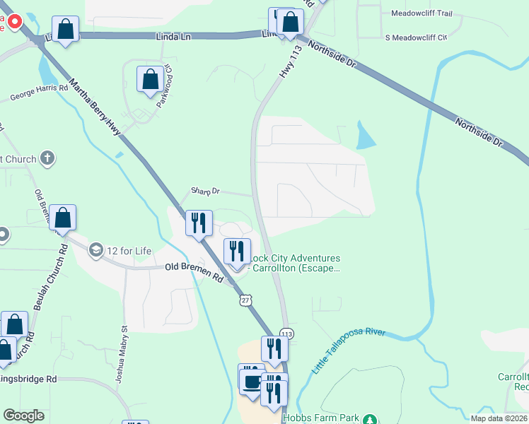 map of restaurants, bars, coffee shops, grocery stores, and more near 10 Crestview Circle in Carrollton