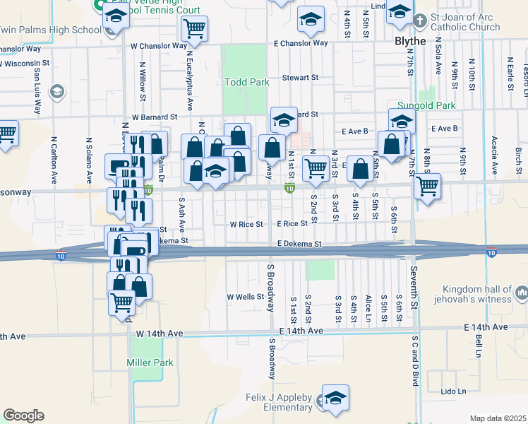 map of restaurants, bars, coffee shops, grocery stores, and more near 159 South Broadway in Blythe