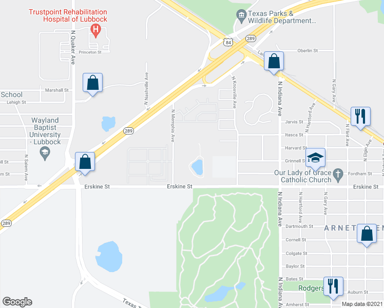 map of restaurants, bars, coffee shops, grocery stores, and more near 3710 Erskine Street in Lubbock