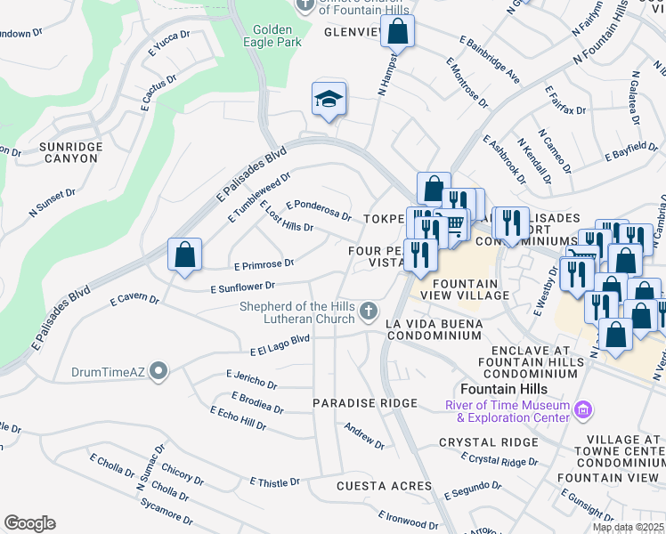 map of restaurants, bars, coffee shops, grocery stores, and more near 13442 North Mountainside Drive in Fountain Hills
