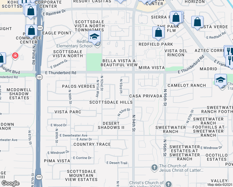 map of restaurants, bars, coffee shops, grocery stores, and more near 13488 North 93rd Place in Scottsdale