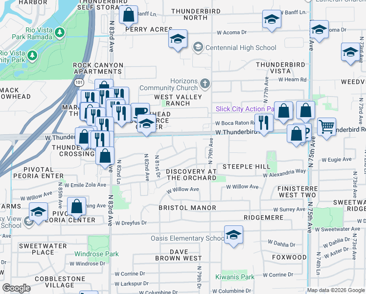 map of restaurants, bars, coffee shops, grocery stores, and more near 8016 West Rue De Lamour in Peoria