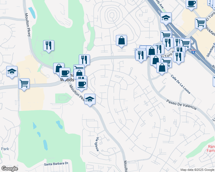 map of restaurants, bars, coffee shops, grocery stores, and more near 306 Avenida Sevilla in Laguna Woods