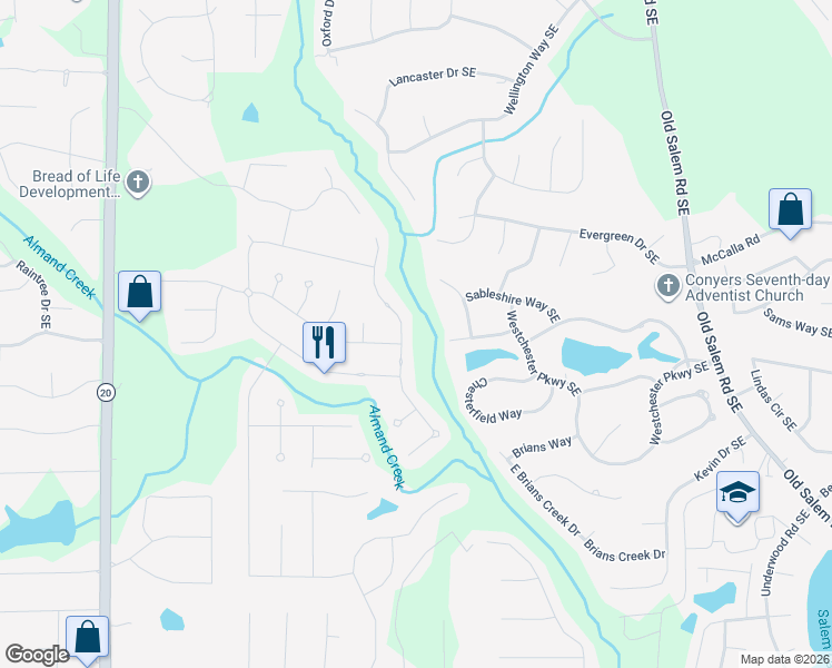 map of restaurants, bars, coffee shops, grocery stores, and more near 1531 Montauk Point in Conyers