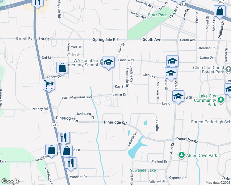 map of restaurants, bars, coffee shops, grocery stores, and more near 556 Lamar Drive in Forest Park
