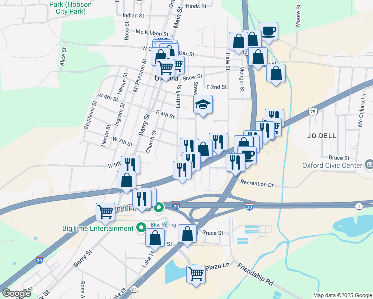 map of restaurants, bars, coffee shops, grocery stores, and more near 1101 Luttrell Street in Oxford
