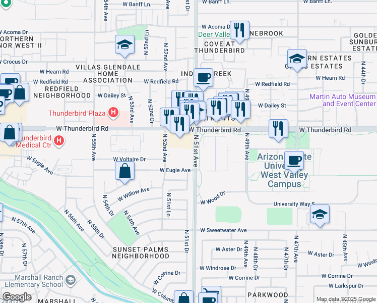 map of restaurants, bars, coffee shops, grocery stores, and more near 13610 North 51st Avenue in Glendale
