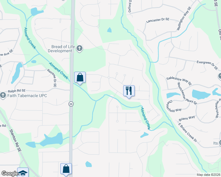 map of restaurants, bars, coffee shops, grocery stores, and more near 1391 Fall River Drive in Conyers