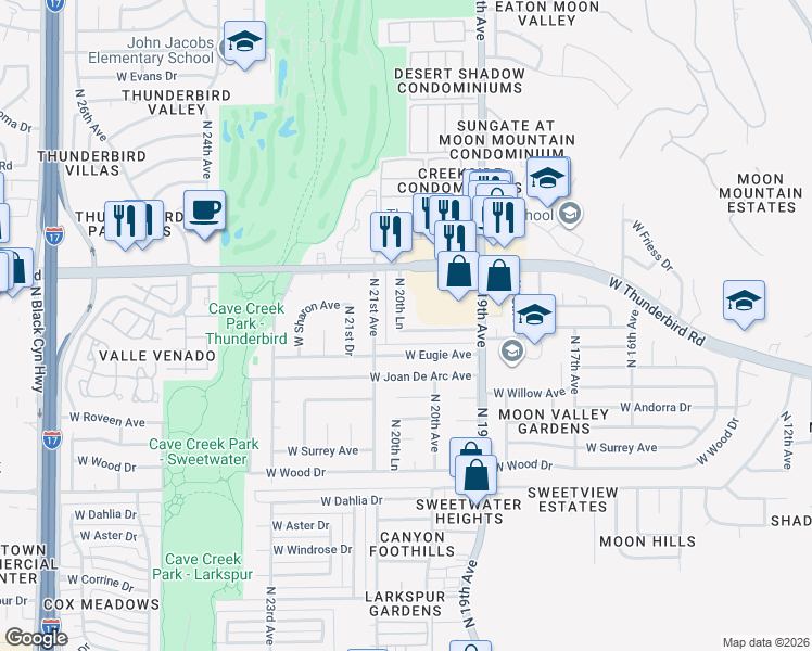 map of restaurants, bars, coffee shops, grocery stores, and more near 13609 North 20th Lane in Phoenix
