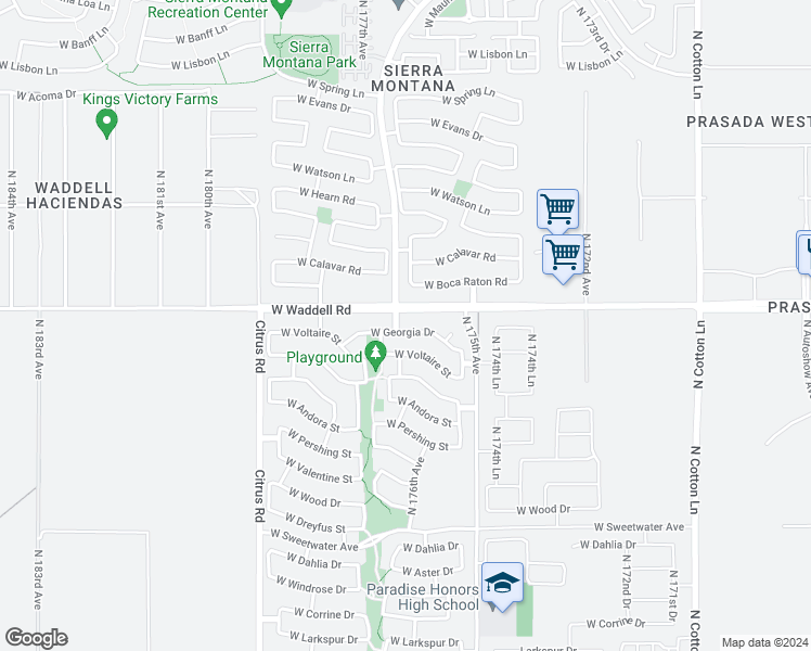 map of restaurants, bars, coffee shops, grocery stores, and more near 17630 West Georgia Drive in Surprise