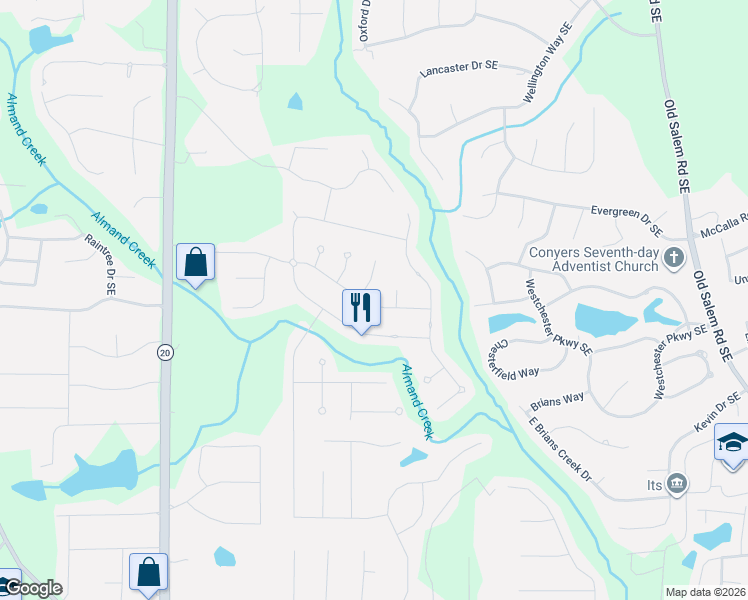 map of restaurants, bars, coffee shops, grocery stores, and more near 1145 Fountain Crest Drive in Conyers