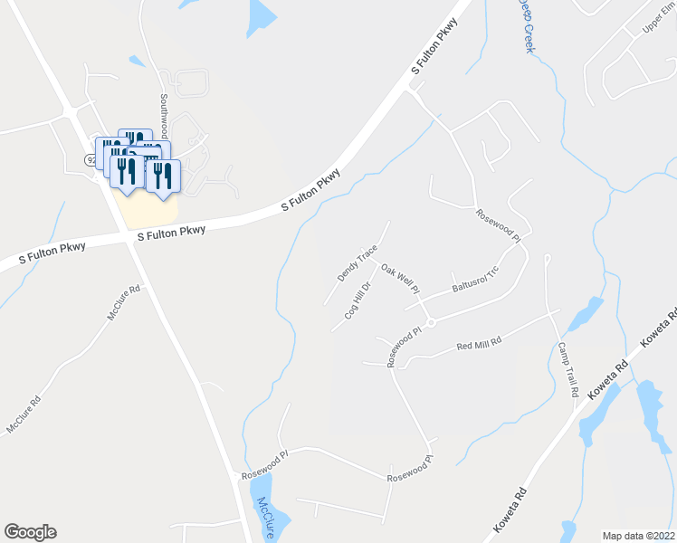 map of restaurants, bars, coffee shops, grocery stores, and more near 5589 Dendy Trace in Fairburn