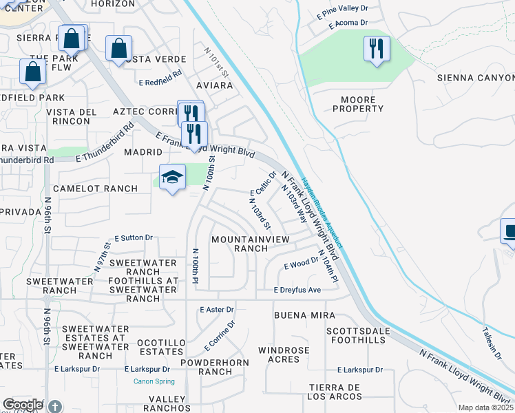 map of restaurants, bars, coffee shops, grocery stores, and more near 13527 North 103rd Street in Scottsdale