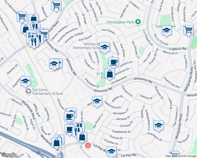 map of restaurants, bars, coffee shops, grocery stores, and more near 24342 Olivera Drive in Mission Viejo