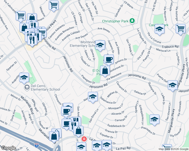 map of restaurants, bars, coffee shops, grocery stores, and more near 24342 Olivera Drive in Mission Viejo
