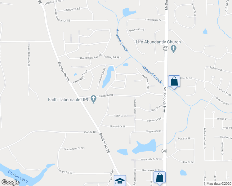 map of restaurants, bars, coffee shops, grocery stores, and more near 738 Ralph Road Southeast in Conyers