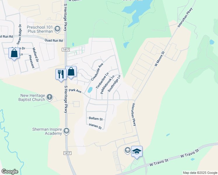 map of restaurants, bars, coffee shops, grocery stores, and more near 1829 Pebblebrook Lane in Sherman