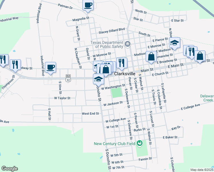 map of restaurants, bars, coffee shops, grocery stores, and more near 800 West Washington Street in Clarksville