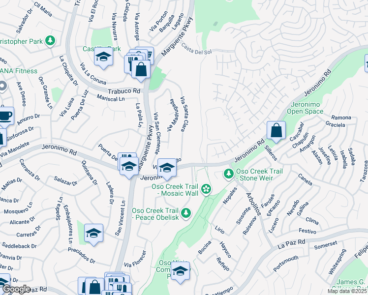 map of restaurants, bars, coffee shops, grocery stores, and more near 24362 Via Santa Clara in Mission Viejo