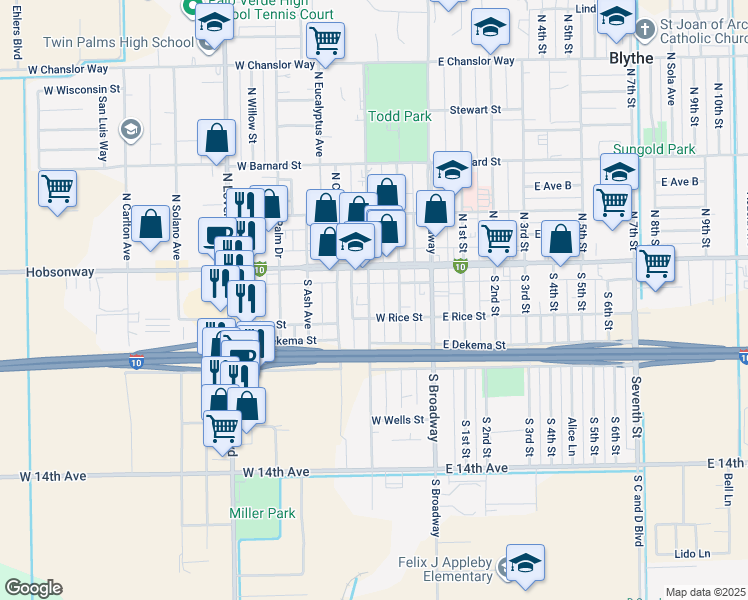 map of restaurants, bars, coffee shops, grocery stores, and more near 150 South Main Street in Blythe