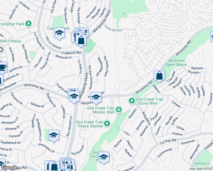 map of restaurants, bars, coffee shops, grocery stores, and more near 24362 Via Santa Clara in Mission Viejo
