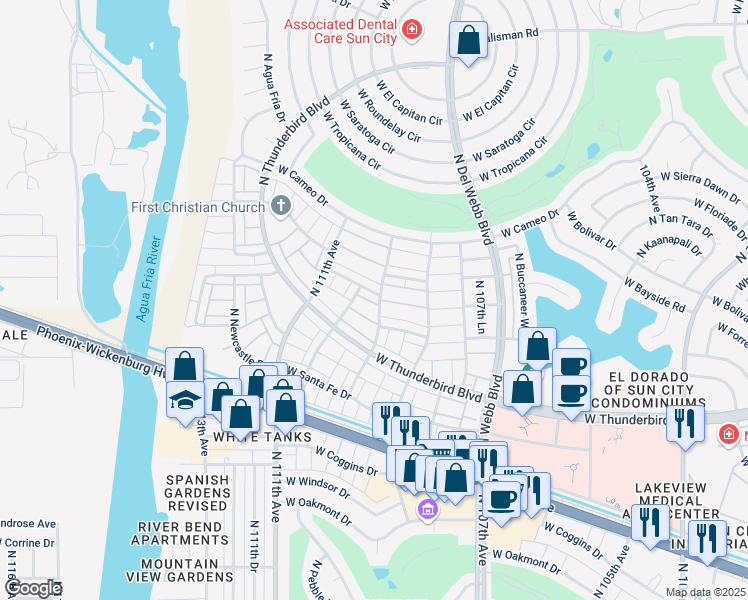 map of restaurants, bars, coffee shops, grocery stores, and more near 10901 West Topaz Drive in Sun City