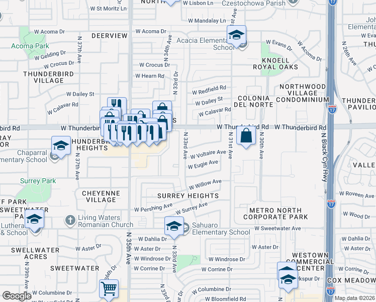 map of restaurants, bars, coffee shops, grocery stores, and more near 13608 North 33rd Avenue in Phoenix