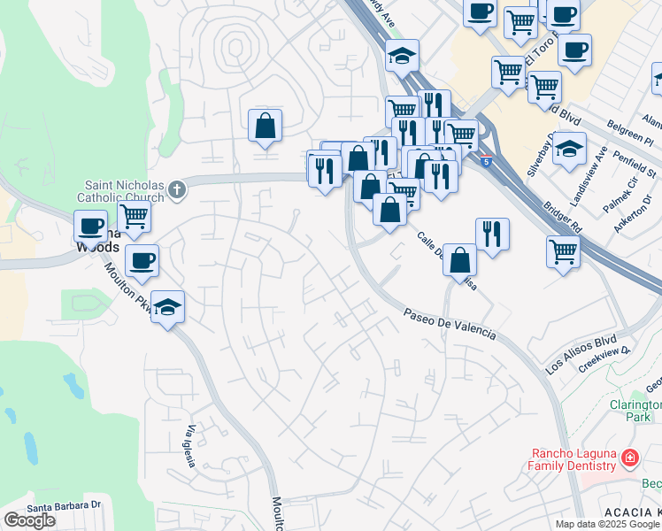 map of restaurants, bars, coffee shops, grocery stores, and more near in Laguna Woods