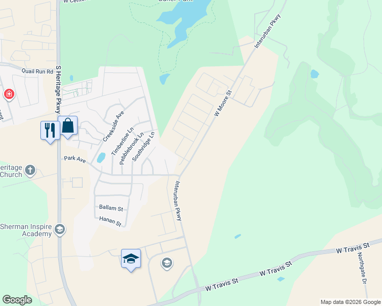 map of restaurants, bars, coffee shops, grocery stores, and more near 2105 West Moore Street in Sherman